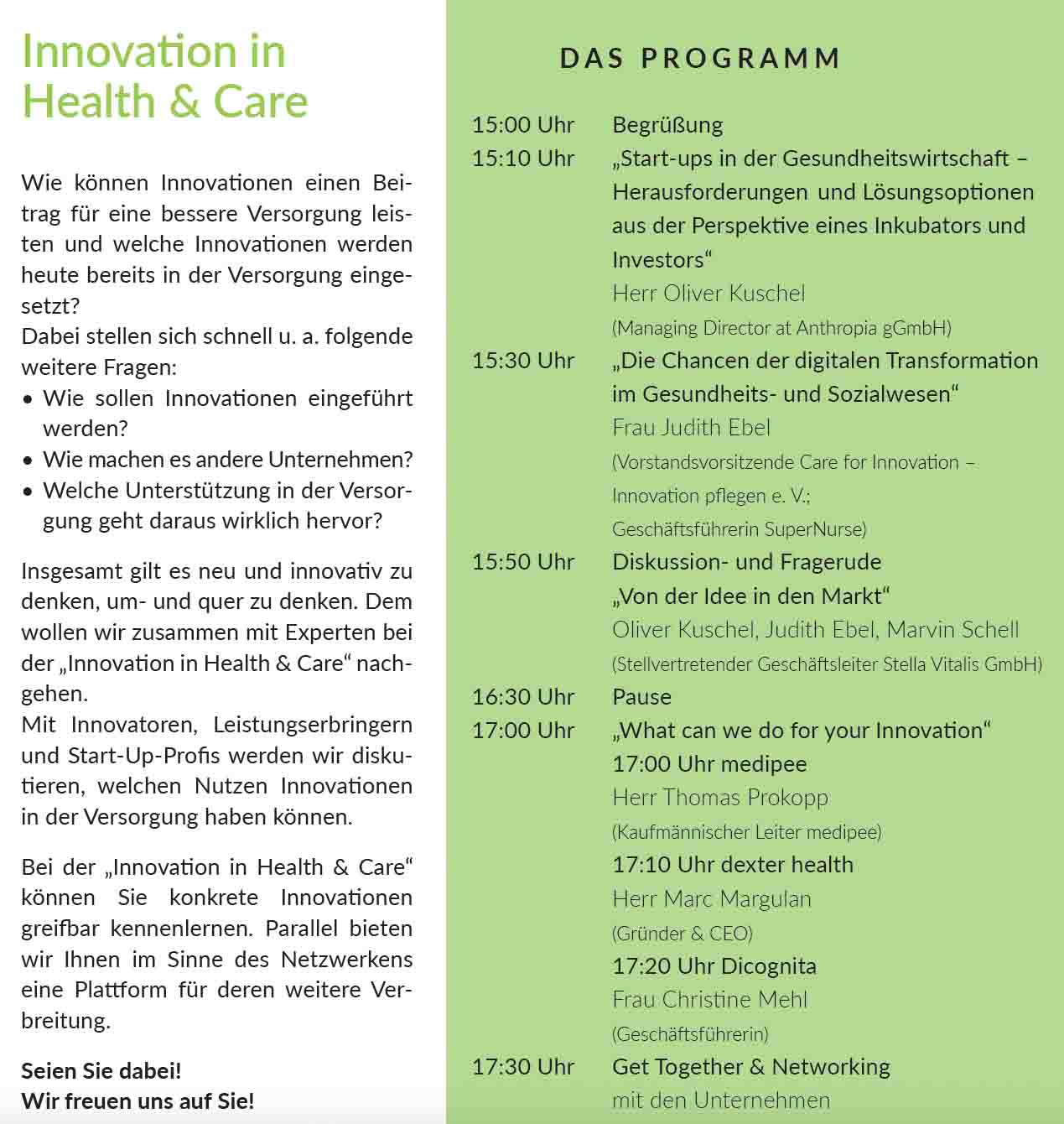 Einladung zur Veranstaltung "Innovation in Health & Care" 