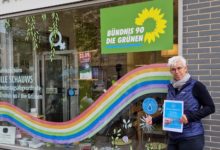 Foto (privat) zeigt Ulle Schauws vor dem Wahlkreisbüro bei der Einweihung des Refill-Projekts, welches die kostenlose Befüllung mit Leitungswasser und somit eine Plastik-Ersparnis und die Wertschätzung des Leitungswassers zum Zweck hat.